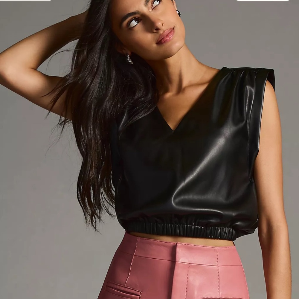 NWT - BISHOP + YOUNG SIMONE FAUX-LEATHER BANDED V-NECK TOP